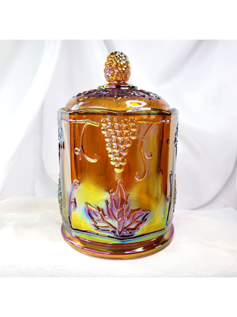 VTG Marigold Carnival Glass Canister Jar & Lid 7" Harvest Grape Indiana Glass